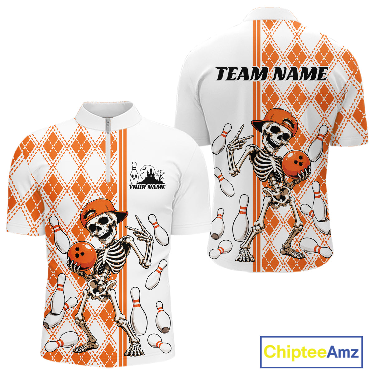 Custom Orange Argyle Pattern Funny Skeleton Halloween Bowling Men Quarter Zip Shirt IPHW11974