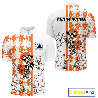 Custom Orange Argyle Pattern Funny Skeleton Halloween Bowling Men Quarter Zip Shirt IPHW11974