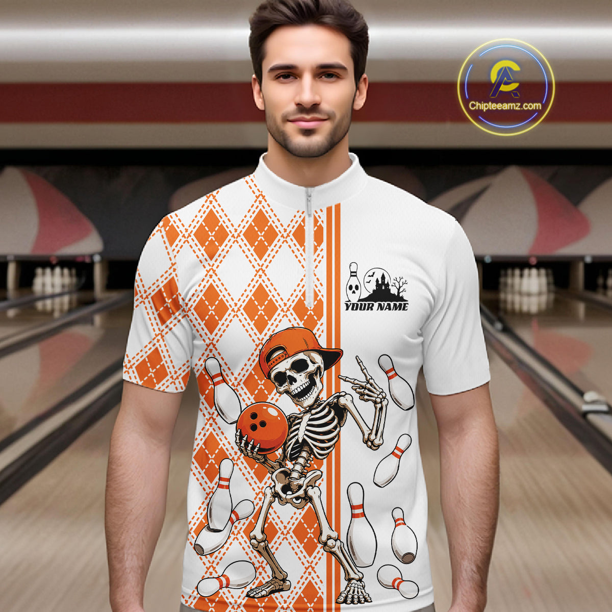 Custom Orange Argyle Pattern Funny Skeleton Halloween Bowling Men Quarter Zip Shirt IPHW11974