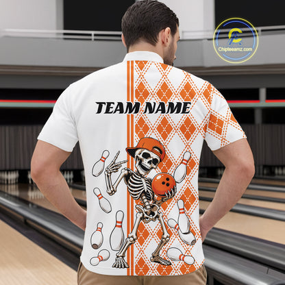 Custom Orange Argyle Pattern Funny Skeleton Halloween Bowling Men Quarter Zip Shirt IPHW11974