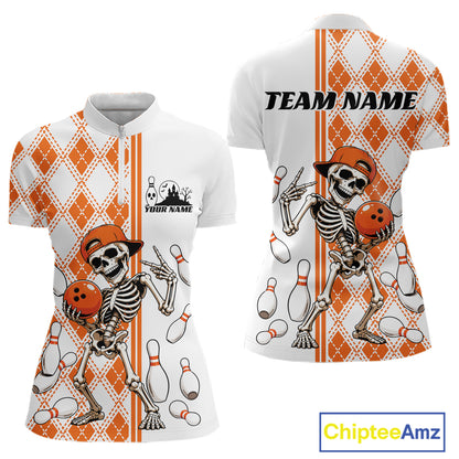 Custom Orange Argyle Pattern Funny Skeleton Halloween Bowling Women Quarter-Zip Shirt IPHW11974