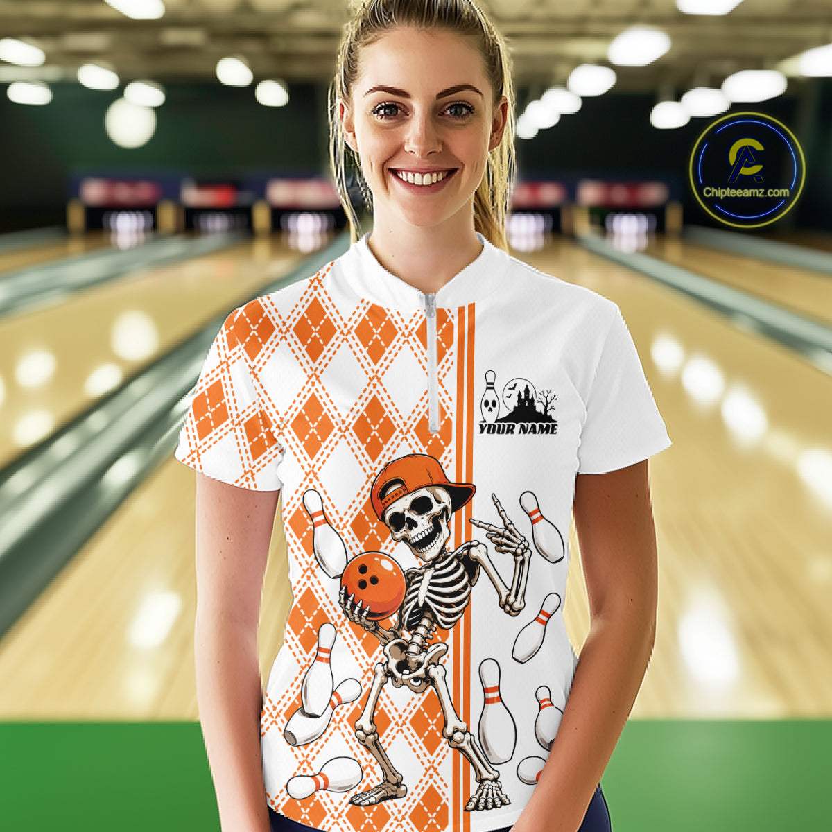 Custom Orange Argyle Pattern Funny Skeleton Halloween Bowling Women Quarter-Zip Shirt IPHW11974