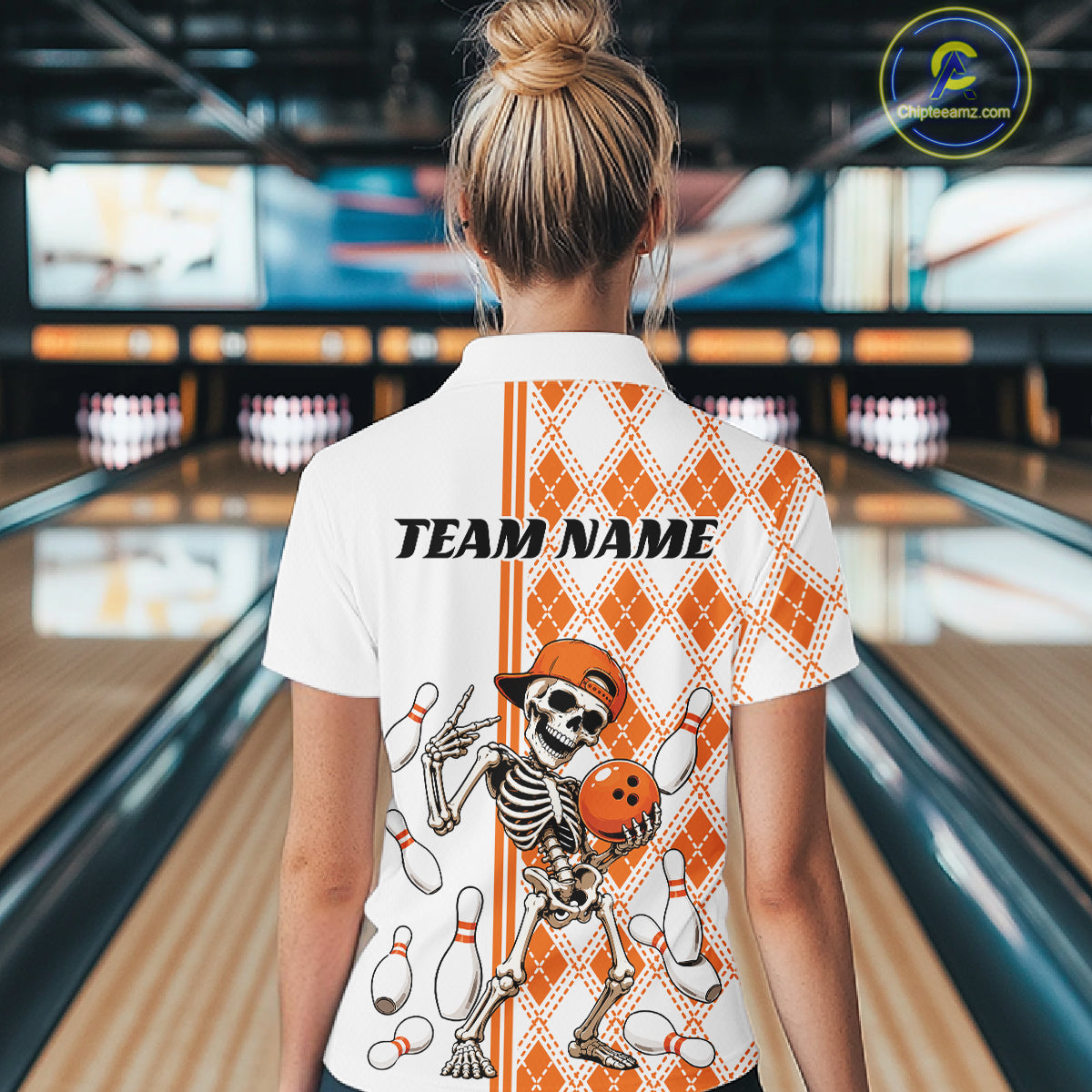 Custom Orange Argyle Pattern Funny Skeleton Halloween Bowling Women Quarter-Zip Shirt IPHW11974
