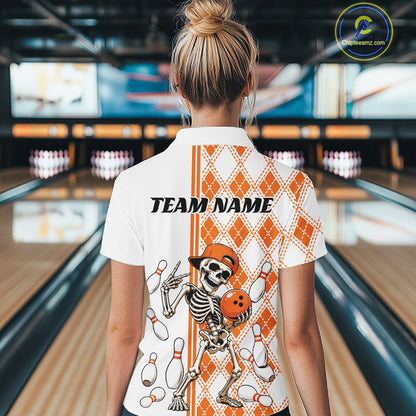 Custom Orange Argyle Pattern Funny Skeleton Halloween Bowling Women Quarter-Zip Shirt IPHW11974