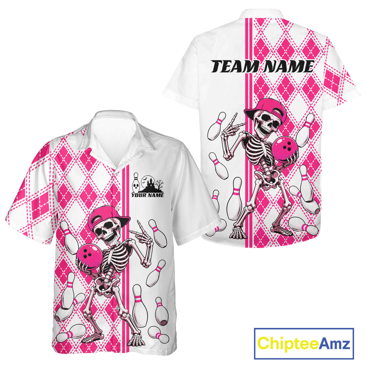 Custom Pink Argyle Pattern Funny Skeleton Halloween Bowling Men And Women Button Up Shirt IPHW11975
