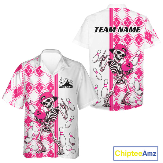 Custom Pink Argyle Pattern Funny Skeleton Halloween Bowling Men And Women Button Up Shirt IPHW11975