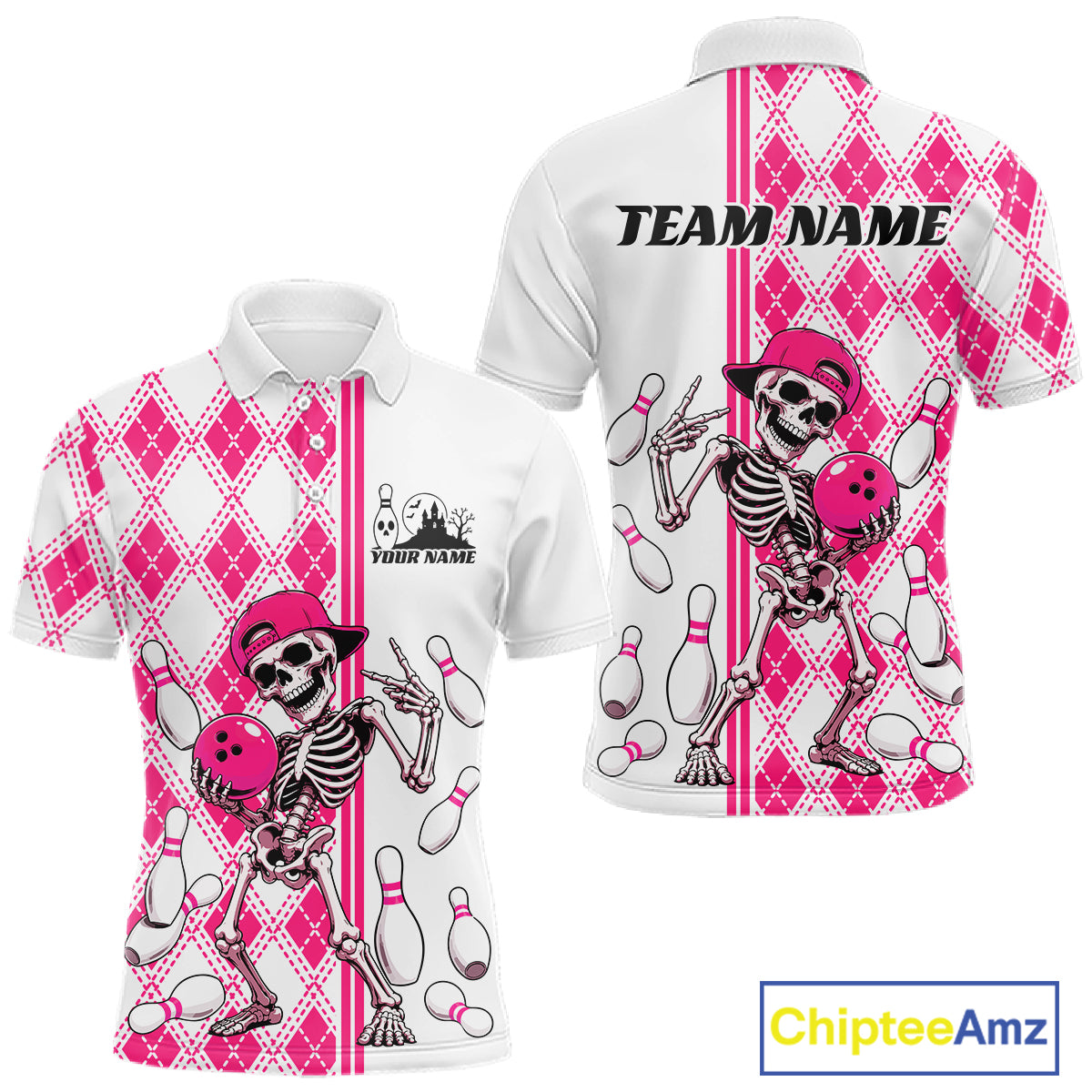 Custom Pink Argyle Pattern Funny Skeleton Halloween Bowling Men Polo Shirt IPHW11975