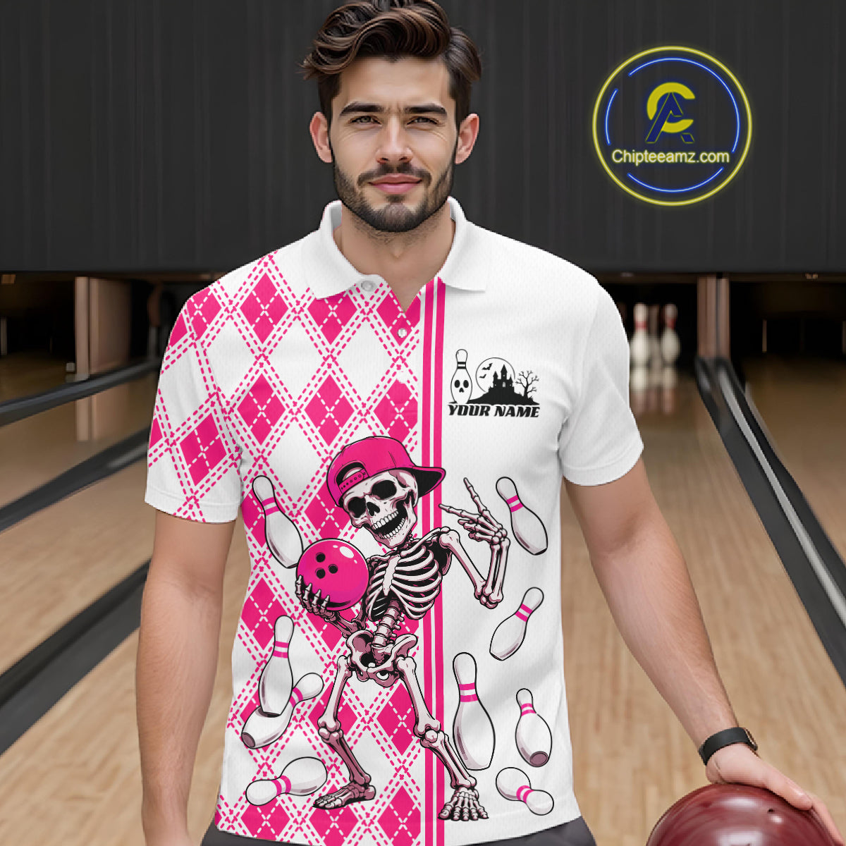 Custom Pink Argyle Pattern Funny Skeleton Halloween Bowling Men Polo Shirt IPHW11975