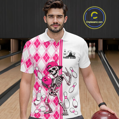 Custom Pink Argyle Pattern Funny Skeleton Halloween Bowling Men Polo Shirt IPHW11975
