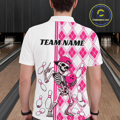 Custom Pink Argyle Pattern Funny Skeleton Halloween Bowling Men Polo Shirt IPHW11975