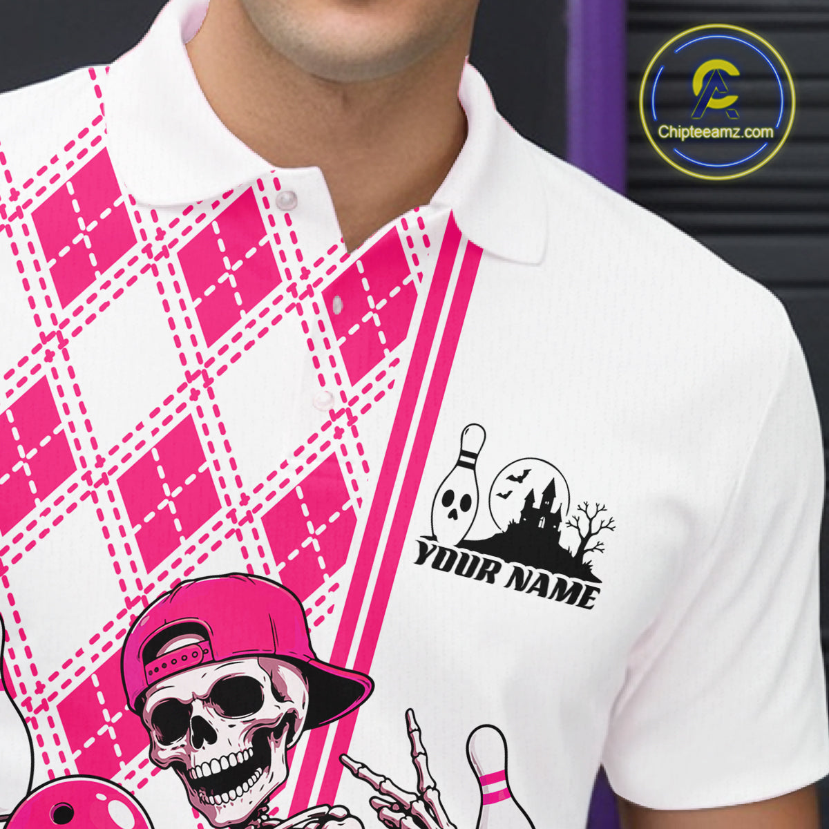 Custom Pink Argyle Pattern Funny Skeleton Halloween Bowling Men Polo Shirt IPHW11975