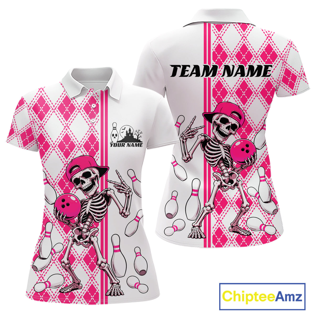 Custom Pink Argyle Pattern Funny Skeleton Halloween Bowling Women Polo Shirt IPHW11975