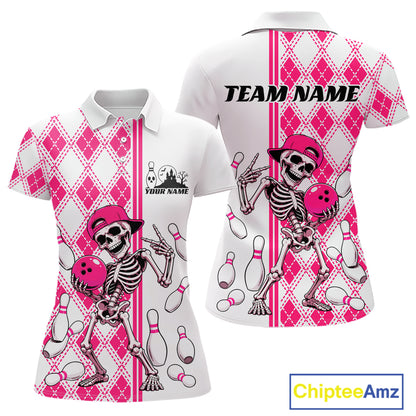 Custom Pink Argyle Pattern Funny Skeleton Halloween Bowling Women Polo Shirt IPHW11975