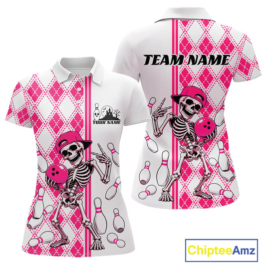 Custom Pink Argyle Pattern Funny Skeleton Halloween Bowling Women Polo Shirt IPHW11975