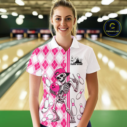 Custom Pink Argyle Pattern Funny Skeleton Halloween Bowling Women Polo Shirt IPHW11975