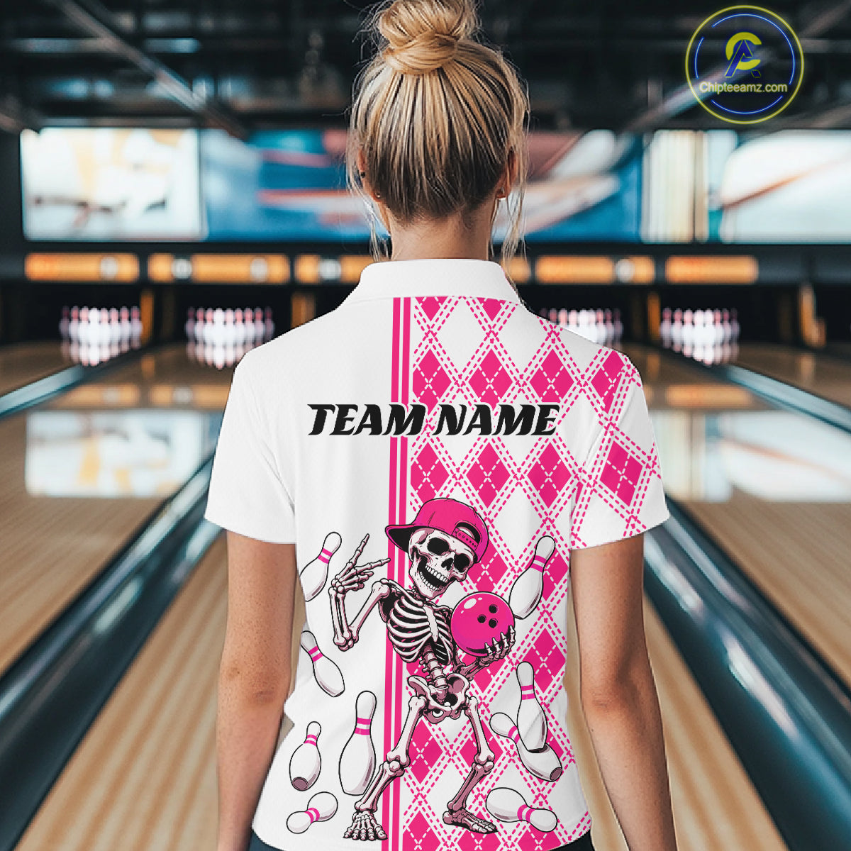 Custom Pink Argyle Pattern Funny Skeleton Halloween Bowling Women Polo Shirt IPHW11975