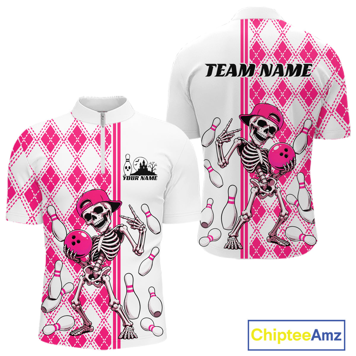 Custom Pink Argyle Pattern Funny Skeleton Halloween Bowling Men Quarter Zip Shirt IPHW11975