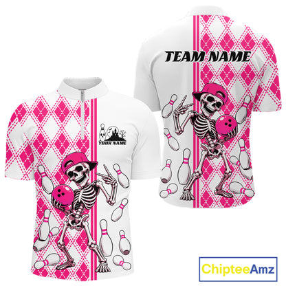 Custom Pink Argyle Pattern Funny Skeleton Halloween Bowling Men Quarter Zip Shirt IPHW11975