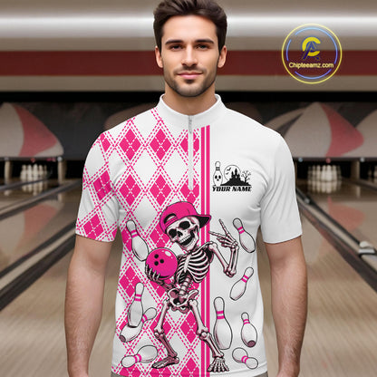 Custom Pink Argyle Pattern Funny Skeleton Halloween Bowling Men Quarter Zip Shirt IPHW11975