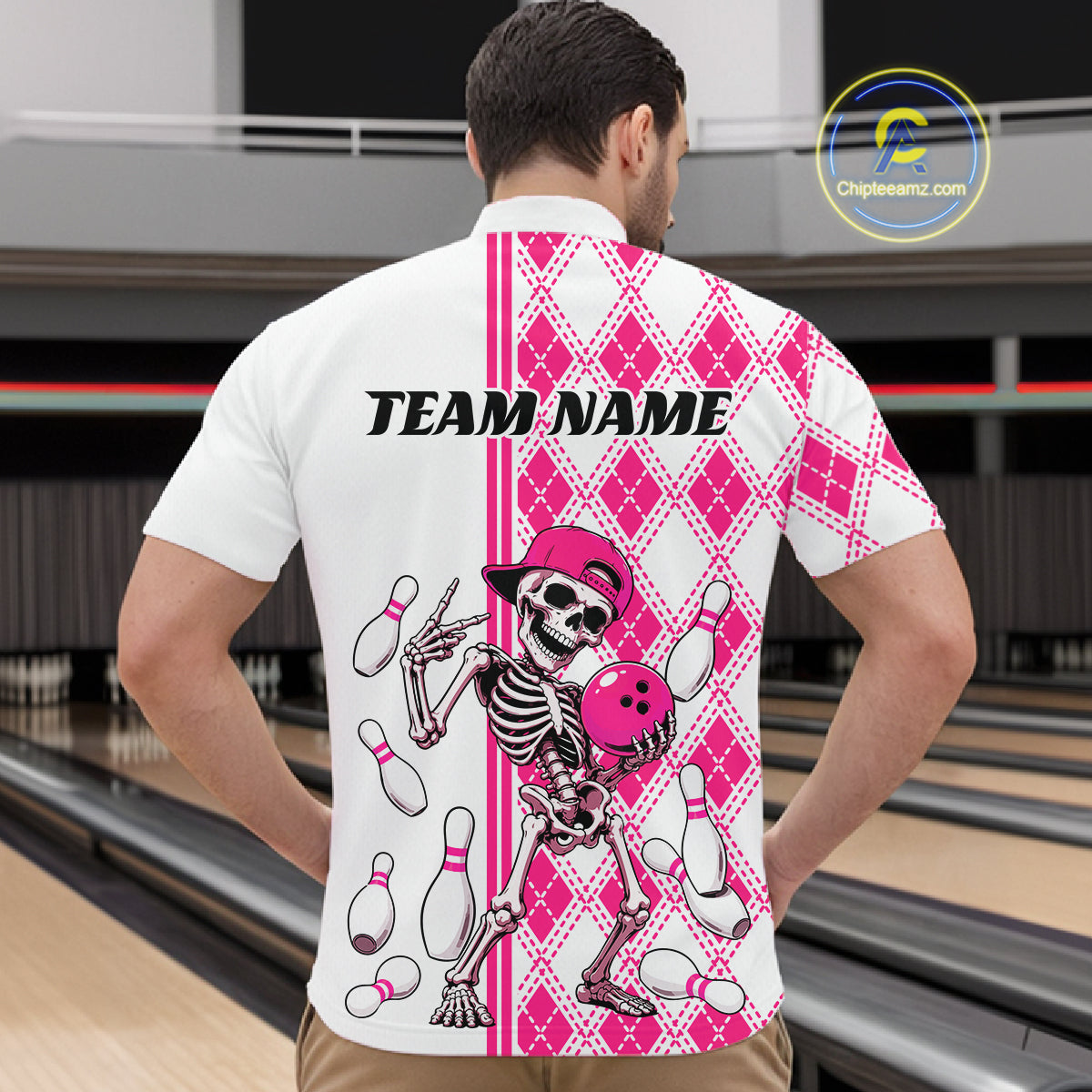 Custom Pink Argyle Pattern Funny Skeleton Halloween Bowling Men Quarter Zip Shirt IPHW11975