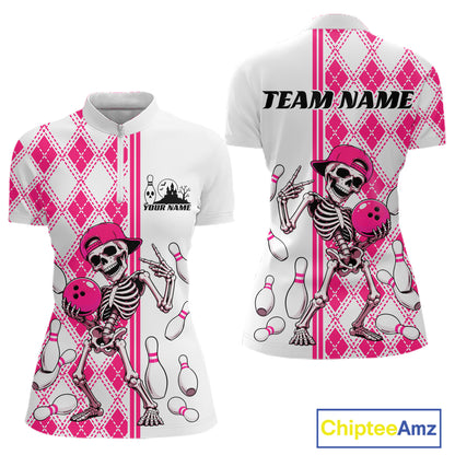 Custom Pink Argyle Pattern Funny Skeleton Halloween Bowling Women Quarter-Zip Shirt IPHW11975