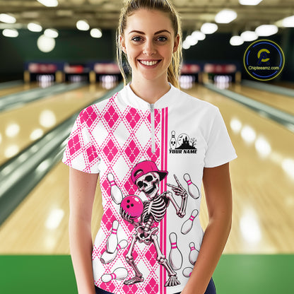 Custom Pink Argyle Pattern Funny Skeleton Halloween Bowling Women Quarter-Zip Shirt IPHW11975