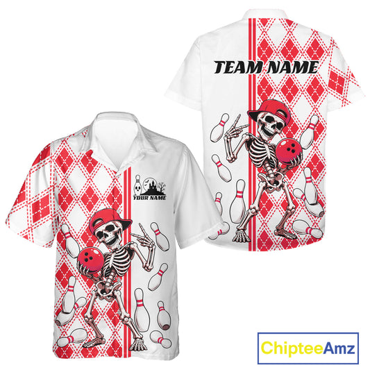 Custom Red Argyle Pattern Funny Skeleton Halloween Bowling Men And Women Button Up Shirt IPHW11976