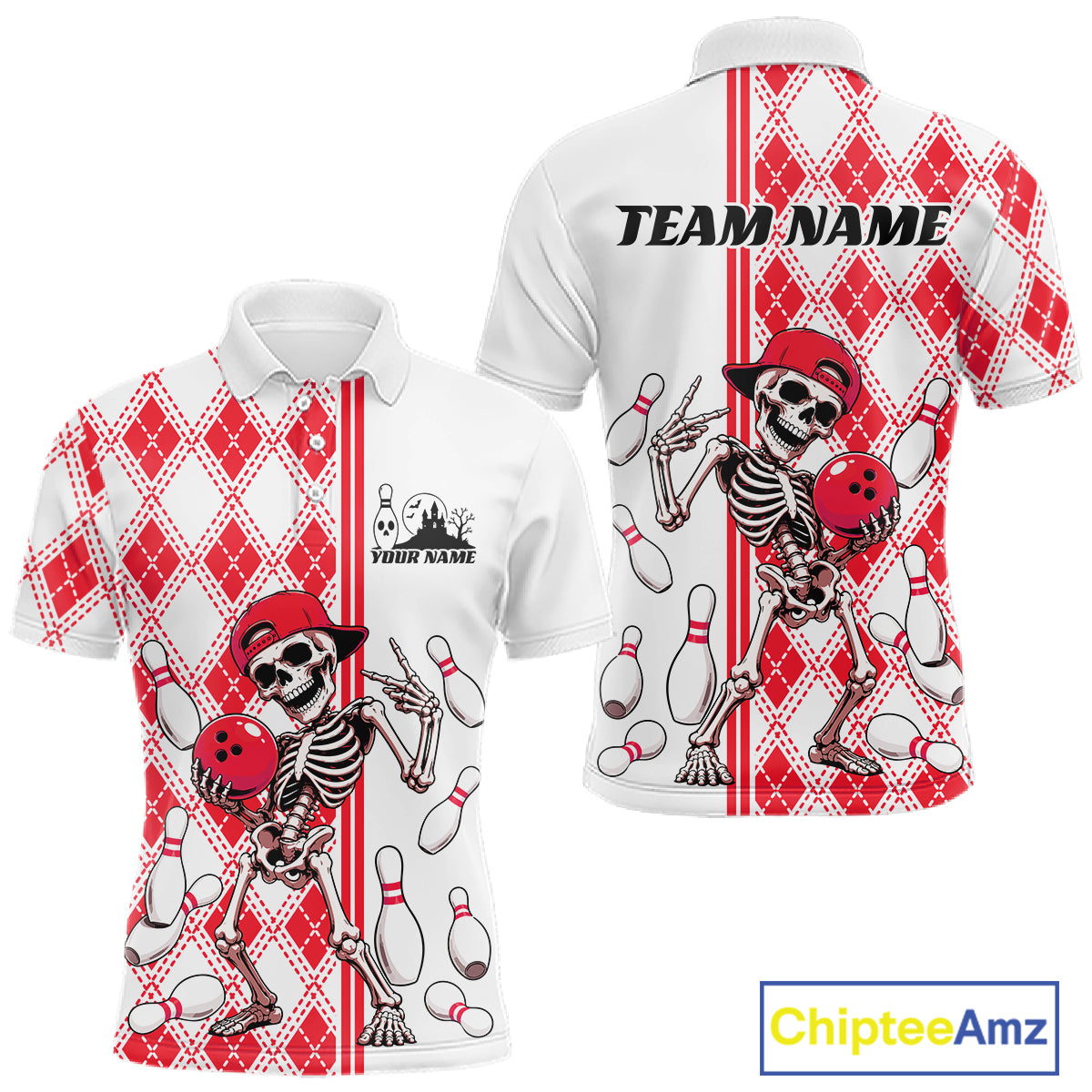 Custom Red Argyle Pattern Funny Skeleton Halloween Bowling Men Polo Shirt IPHW11976