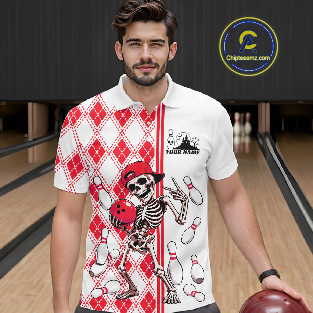 Custom Red Argyle Pattern Funny Skeleton Halloween Bowling Men Polo Shirt IPHW11976