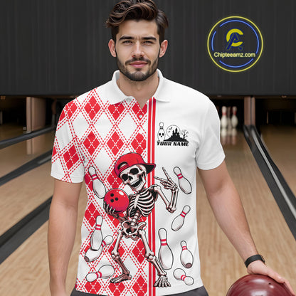 Custom Red Argyle Pattern Funny Skeleton Halloween Bowling Men Polo Shirt IPHW11976