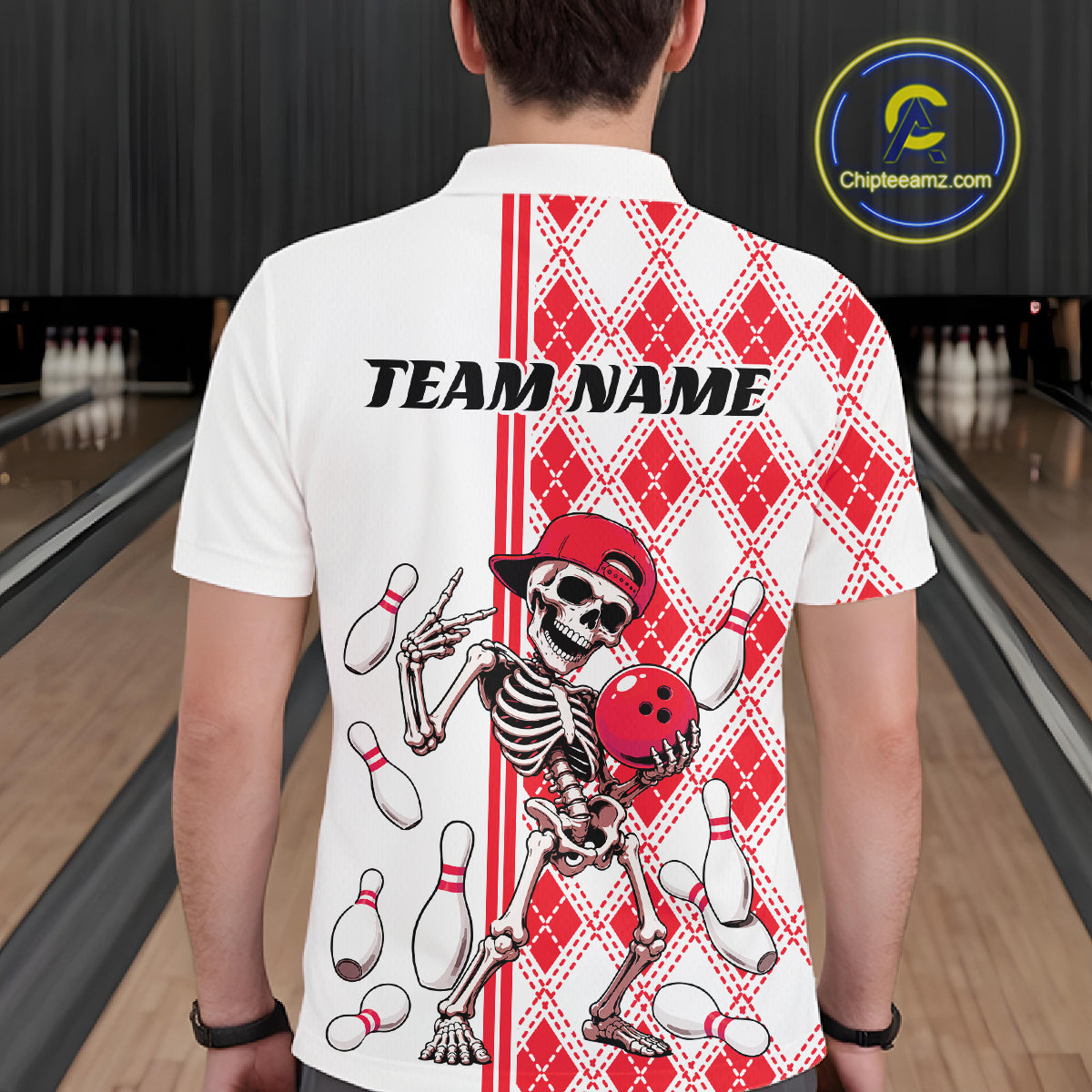 Custom Red Argyle Pattern Funny Skeleton Halloween Bowling Men Polo Shirt IPHW11976