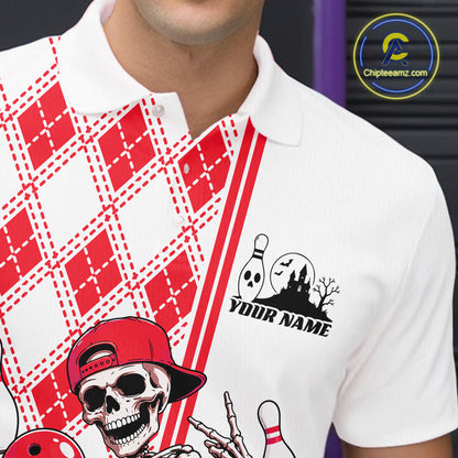 Custom Red Argyle Pattern Funny Skeleton Halloween Bowling Men Polo Shirt IPHW11976