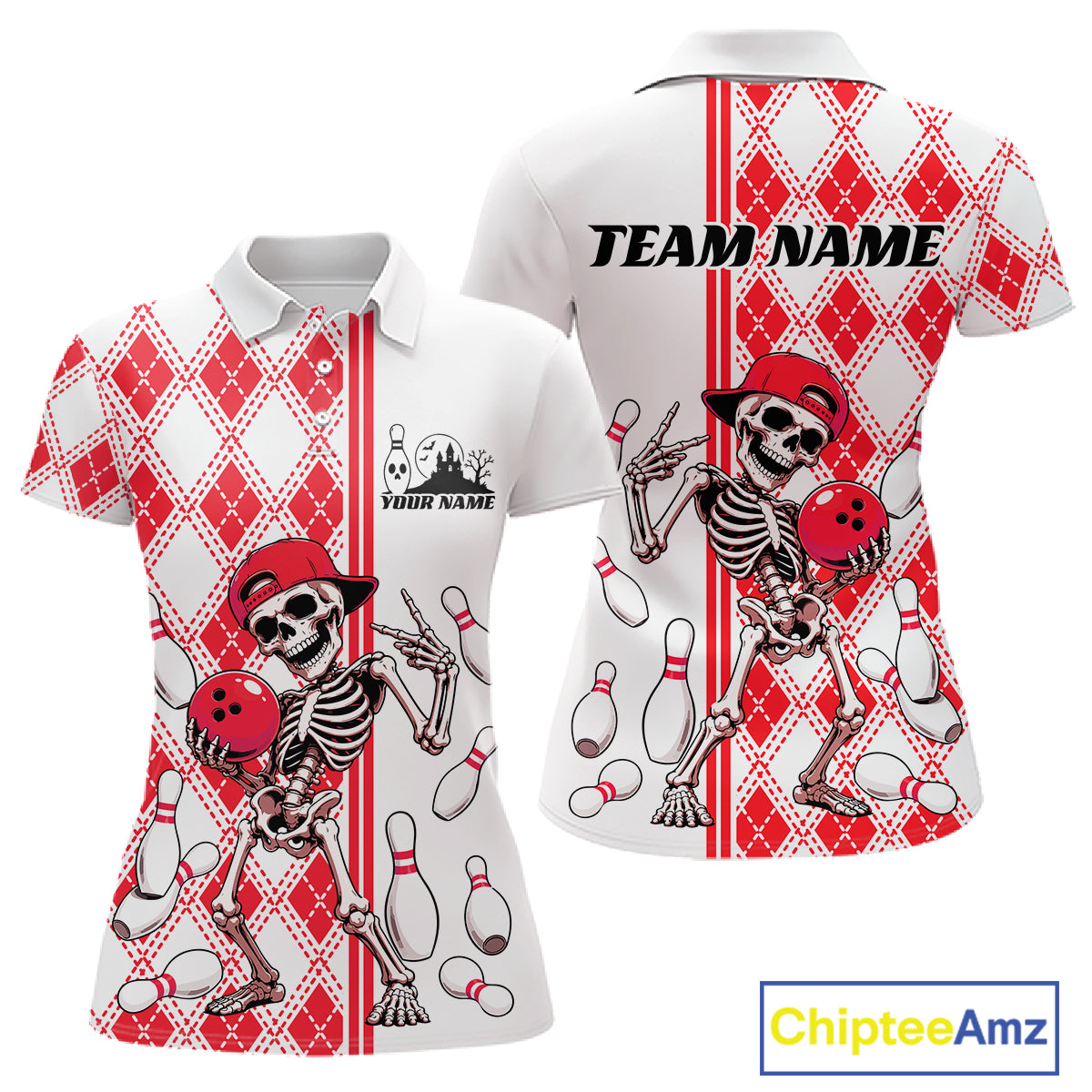 Custom Red Argyle Pattern Funny Skeleton Halloween Bowling Women Polo Shirt IPHW11976
