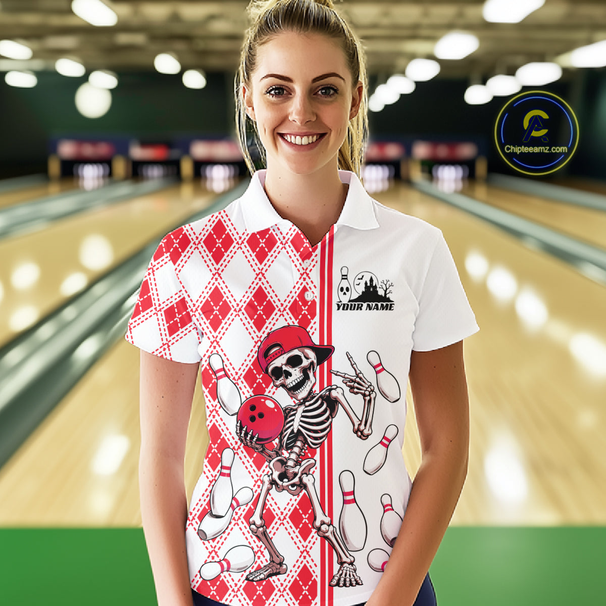 Custom Red Argyle Pattern Funny Skeleton Halloween Bowling Women Polo Shirt IPHW11976