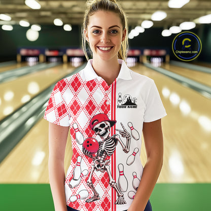 Custom Red Argyle Pattern Funny Skeleton Halloween Bowling Women Polo Shirt IPHW11976