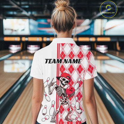 Custom Red Argyle Pattern Funny Skeleton Halloween Bowling Women Polo Shirt IPHW11976