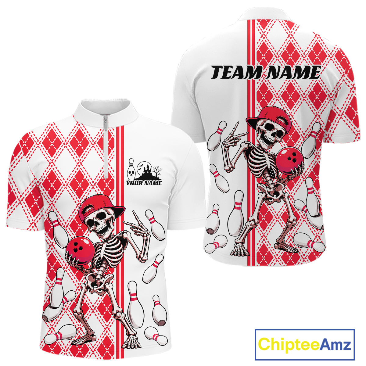 Custom Red Argyle Pattern Funny Skeleton Halloween Bowling Men Quarter Zip Shirt IPHW11976