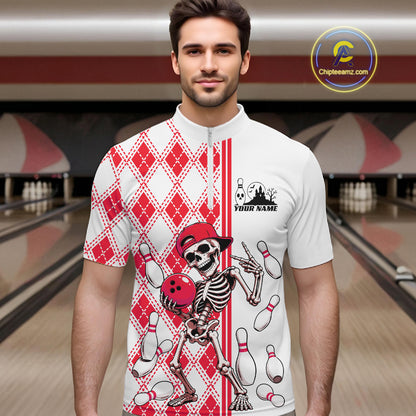 Custom Red Argyle Pattern Funny Skeleton Halloween Bowling Men Quarter Zip Shirt IPHW11976