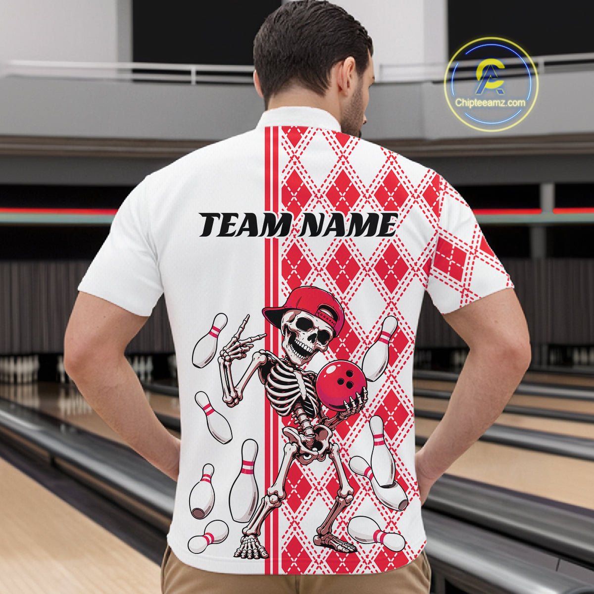 Custom Red Argyle Pattern Funny Skeleton Halloween Bowling Men Quarter Zip Shirt IPHW11976