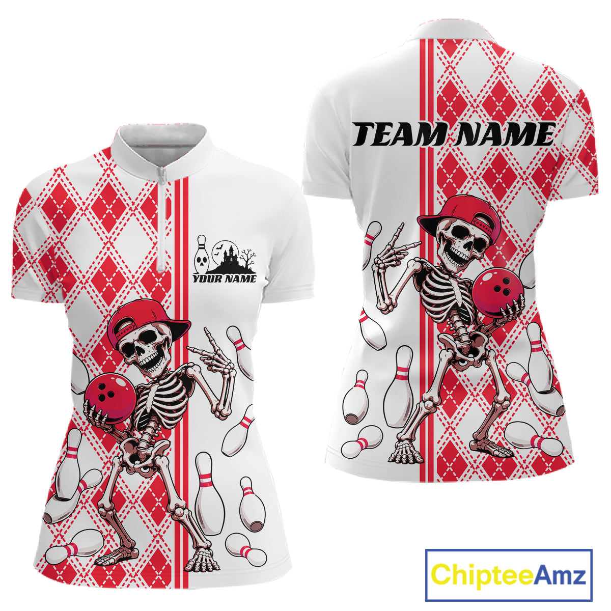 Custom Red Argyle Pattern Funny Skeleton Halloween Bowling Women Quarter-Zip Shirt IPHW11976