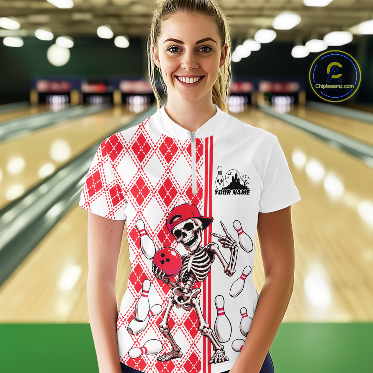 Custom Red Argyle Pattern Funny Skeleton Halloween Bowling Women Quarter-Zip Shirt IPHW11976