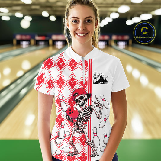 Custom Red Argyle Pattern Funny Skeleton Halloween Bowling Women Quarter-Zip Shirt IPHW11976