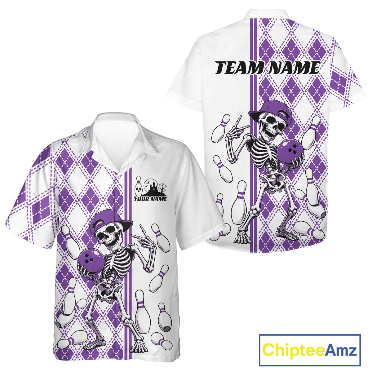 Custom Purple Argyle Pattern Funny Skeleton Halloween Bowling Men And Women Button Up Shirt IPHW11977