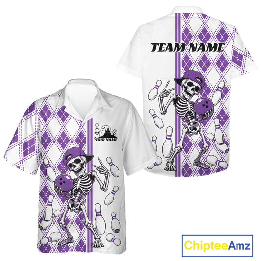 Custom Purple Argyle Pattern Funny Skeleton Halloween Bowling Men And Women Button Up Shirt IPHW11977