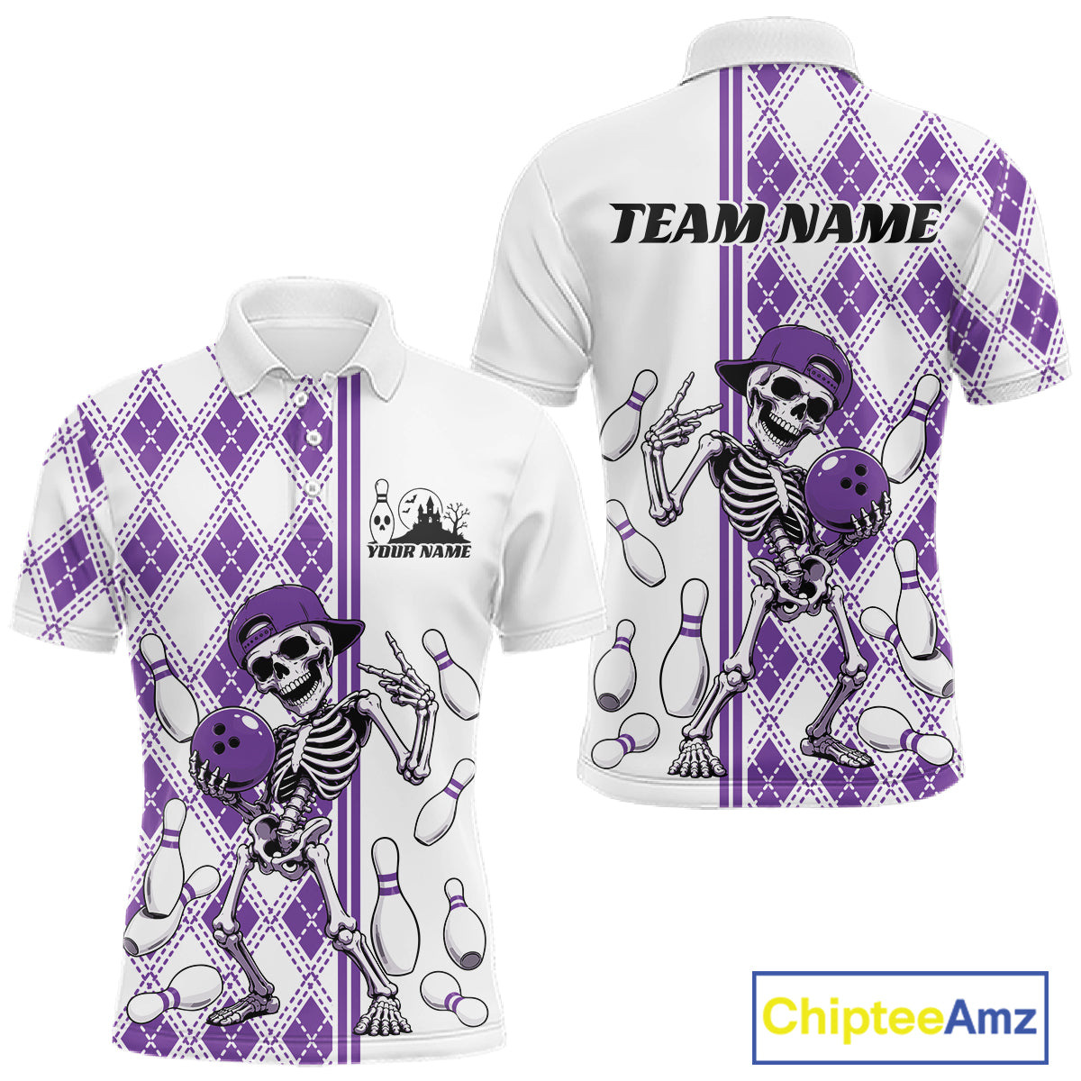 Custom Purple Argyle Pattern Funny Skeleton Halloween Bowling Men Polo Shirt IPHW11977