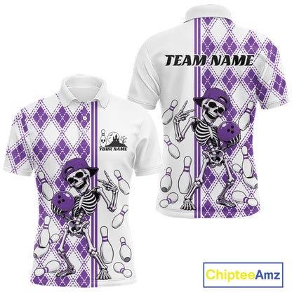 Custom Purple Argyle Pattern Funny Skeleton Halloween Bowling Men Polo Shirt IPHW11977