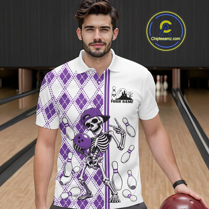 Custom Purple Argyle Pattern Funny Skeleton Halloween Bowling Men Polo Shirt IPHW11977