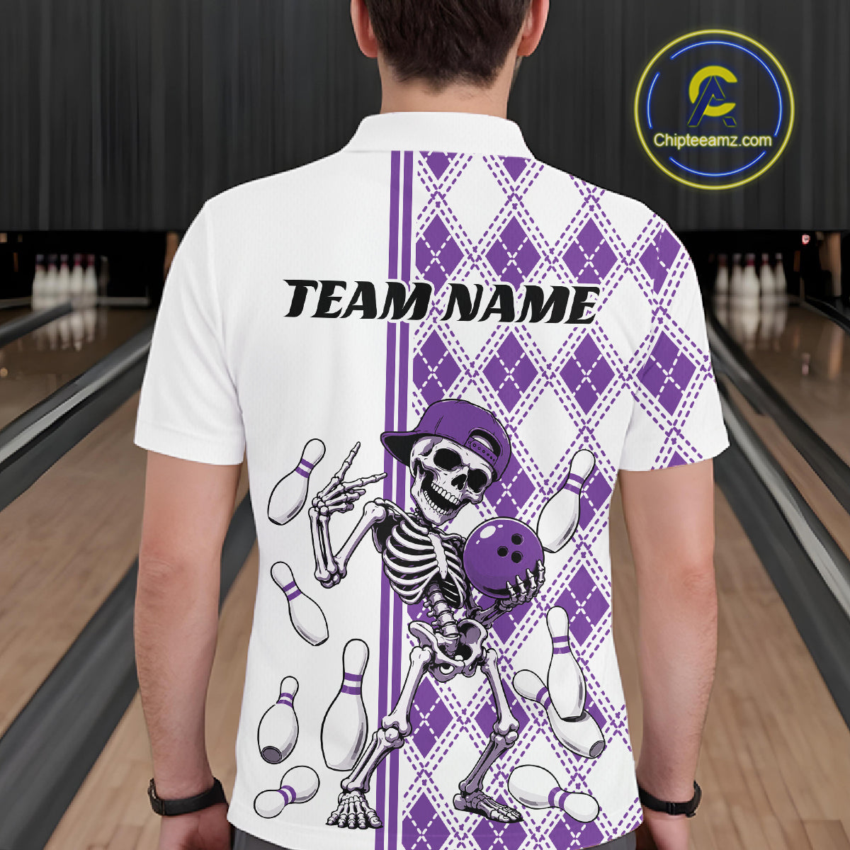 Custom Purple Argyle Pattern Funny Skeleton Halloween Bowling Men Polo Shirt IPHW11977