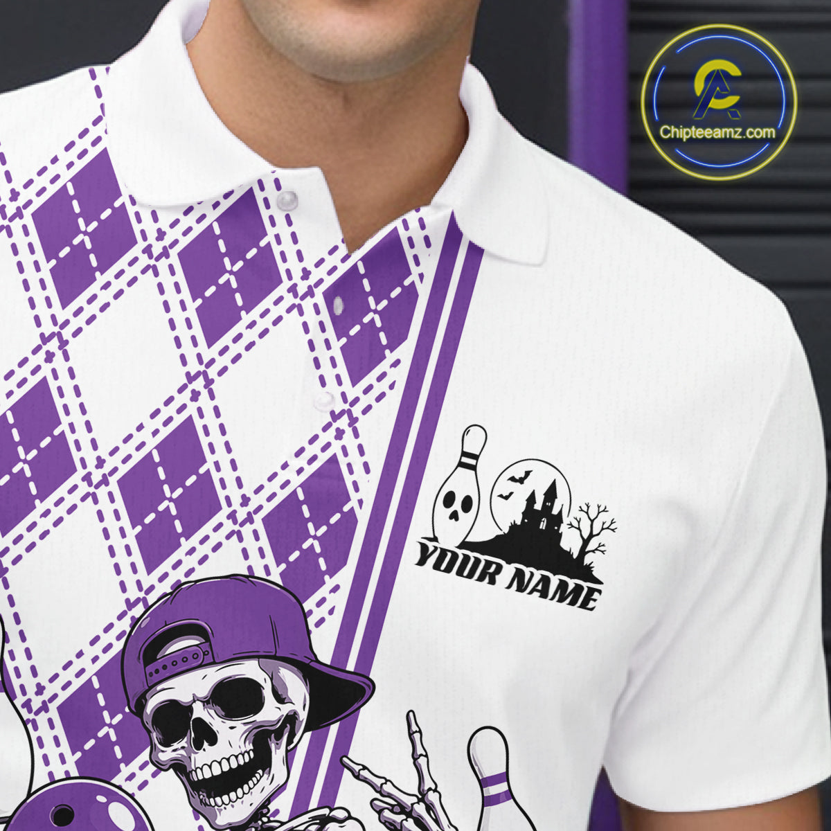 Custom Purple Argyle Pattern Funny Skeleton Halloween Bowling Men Polo Shirt IPHW11977