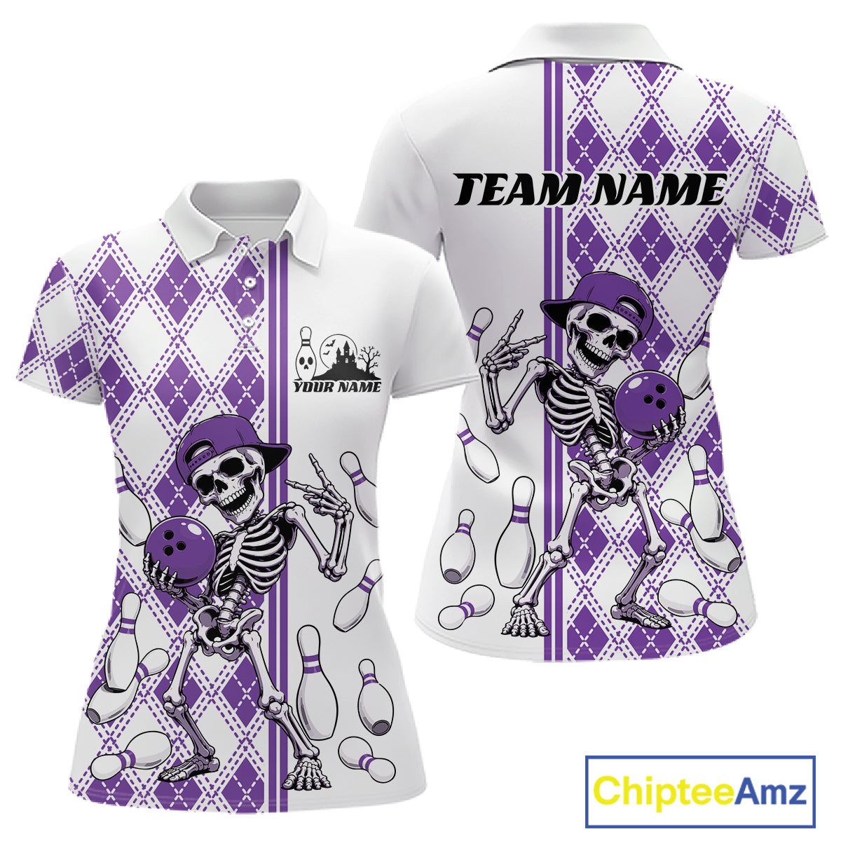 Custom Purple Argyle Pattern Funny Skeleton Halloween Bowling Women Polo Shirt IPHW11977